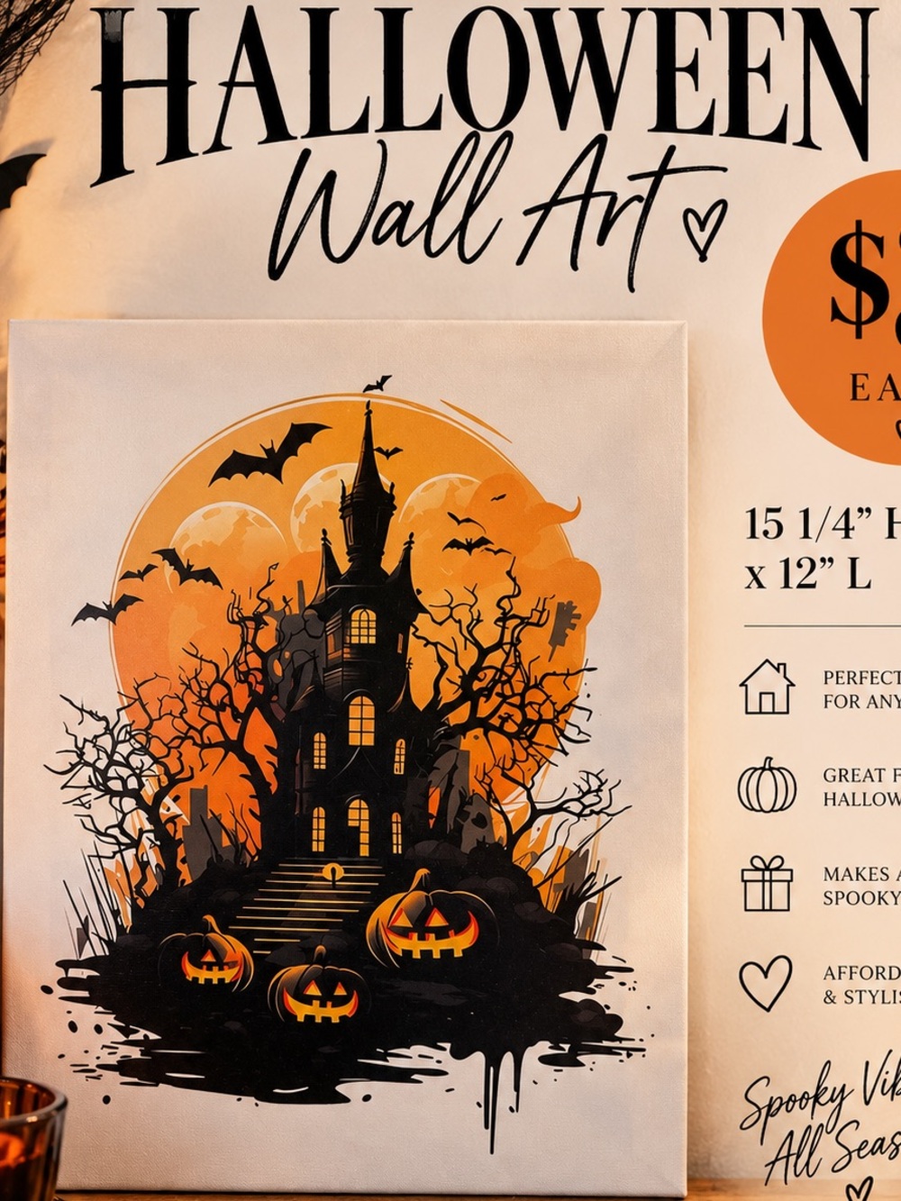 Halloween Wall Art Canvas - Orange and Black Haunted House by